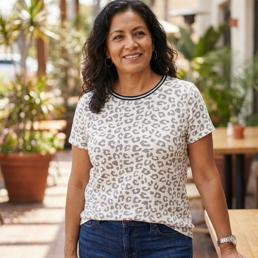 Abercrombie & Fitch Gray Leopard Print Tee with Striped Neckline